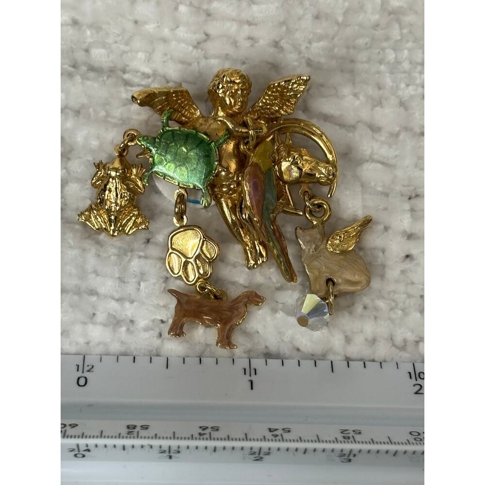 Kirks Folly Gold Tone Cherub Pet Animals Dangle Brooch #61369 - Picture 5 of 6